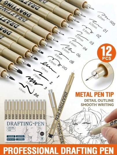 SAKULA High Quality Super Black Pigment Liner 6/9/12 Fine Pen Set Metal Clip Smooth Writing High-Quality Fine Point Marker Water-Based Liner Fine Pen Painting Sketch Drawing Master Premium