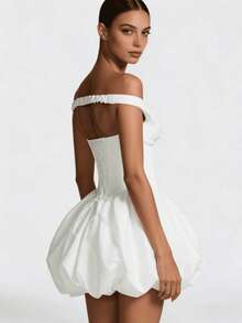 Off-The-Shoulder Dress With Straight Shoulders, Fitted Silhouette, And Sexy Drop Shoulders Featuring Puff Sleeves And A Bud-Shaped Skirt - 白色 - 查看 3