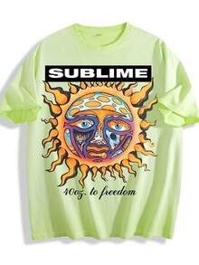 Dirty Wash T-Shirt Men Women Unisex Distressed Vintage "Sun" Rock Band Grunge Oversized Short Sleeve Top - 髒髒洗螢光綠 - 查看 1