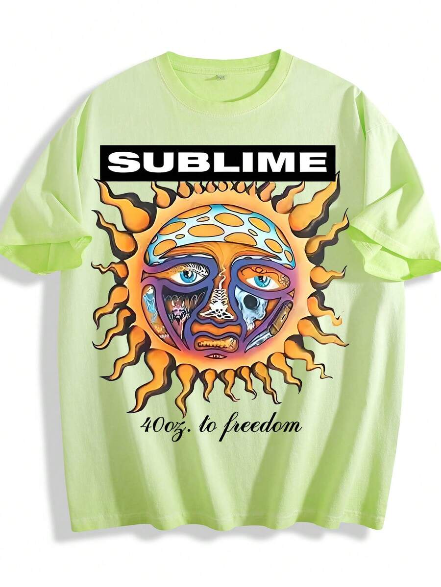 Dirty Wash T-Shirt Men Women Unisex Distressed Vintage "Sun" Rock Band Grunge Oversized Short Sleeve Top - 髒髒洗螢光綠 - 查看 1