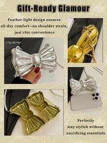Bowknot Mini Evening Bag For Women, Acrylic Bow-Shaped Crossbody Chain Bag, Metallic Gold Lipstick Bag, Women's Stylish Lipstick Holder Shoulder Crossbody Bag, Suitable For Party, Date, Decorative Clutch, Coin Purse, Silver, Gold Earphone Case - 彩色 - 查看 10