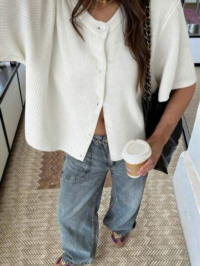 Women's Minimalist Elegant Academic Commute Modern Solid Color Button-Up Cardigan, Spring/Summer White
