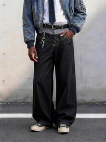 1件男士复古个性双腰设计宽松阔腿牛仔裤，街头风哥特式宽松阔腿牛仔裤（不含腰带和配饰） - 黑色 - 查看 1