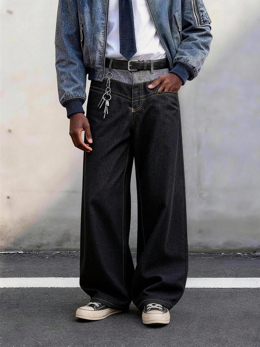 1件男士复古个性双腰设计宽松阔腿牛仔裤，街头风哥特式宽松阔腿牛仔裤（不含腰带和配饰） - 黑色 - 查看 1