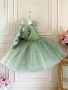 女婴薄荷绿荷叶袖蝴蝶结串珠网纱优雅派对礼服，公主裙，适合女童一周岁生日、派对、宴会、婚礼花童、节日庆典等场合。 - 薄荷綠 - 查看 5