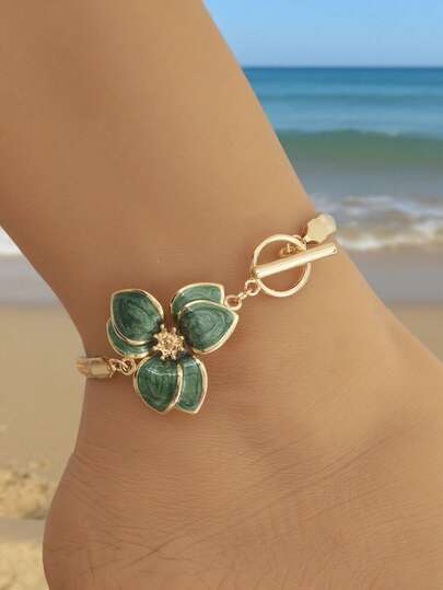 1件复古绿色花朵吊坠脚链，优雅沙滩风