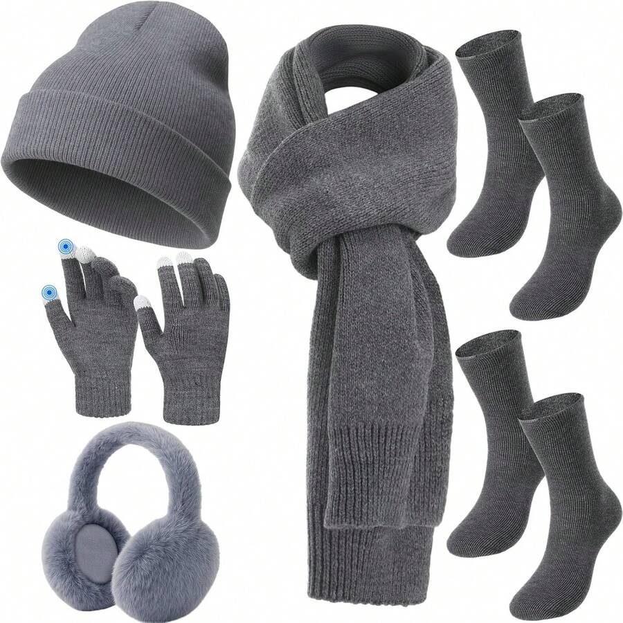 Euuztu Geyoga 6 Pcs Women Winter Beanie Hat Scarf Gloves Ear Muffs Fuzzy Socks Set, Touchscreen Gloves Thermal Cold Weather - màu đen - Xem 1