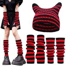 Y2k Crochet Beanie Hats Knitted Striped Arm And Leg Warmers Cat Beanie Accessories For Women - 紅黑 - 查看 1