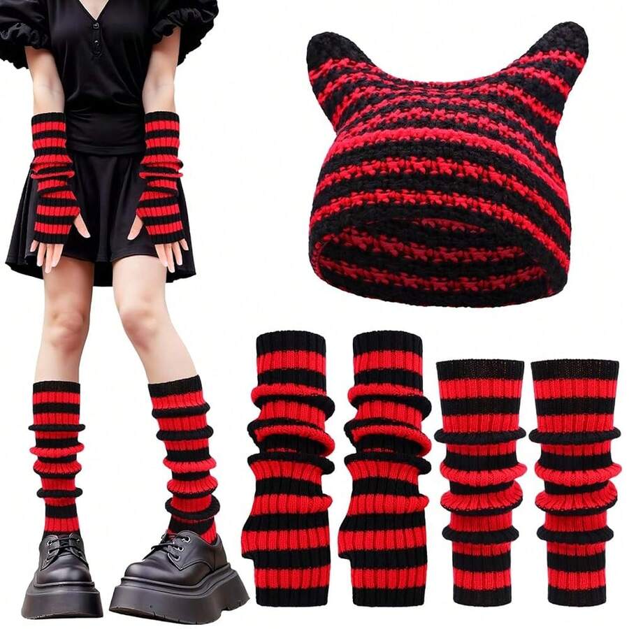 Y2k Crochet Beanie Hats Knitted Striped Arm And Leg Warmers Cat Beanie Accessories For Women - 紅黑 - 查看 1