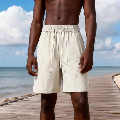男士休闲运动时尚沙滩度假风纯色抽绳腰宽松沙滩短裤，夏季
