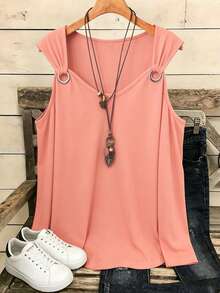 Minimalana Elegant Casual Fashion Off-Shoulder Design U-Neck Cropped Long Sleeve T-Shirt For Women, Spring/Summer - Orange - View 7