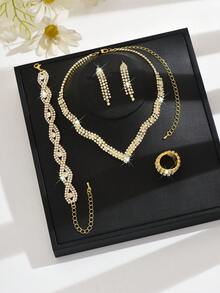 1pc V-Shaped Crystal Jewelry Set, Full Diamond Necklace, Earrings, Bracelet And Ring, Luxury Design, Formal Event Accessory, Gift For Valentine's Day/Mother's Day - Gold - View 2