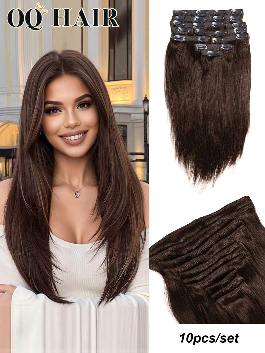 OQ 10pcs/Pack 100% Virgin Silky Straight Human Hair Extensions, 14-22 Inches, #4 Dark Brown, No Shedding, Simple & For Beginners - S4 - View 1