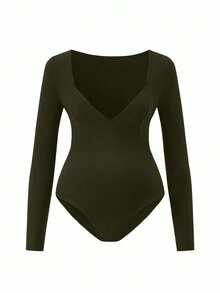 Body cómodo de maternidad, manga larga con cuello en V profundo, tela de alta elasticidad, ropa de embarazo versátil - Verde Oscuro - Ver 2