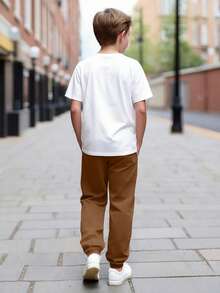 Boys/Toddler Boys' Spring/Summer Short Sleeve T-Shirt And Pants 2-Piece Set, Letter & Stripe Print Design, Round Neck, Comfortable, Casual, Versatile Outfit - Brown - View 4