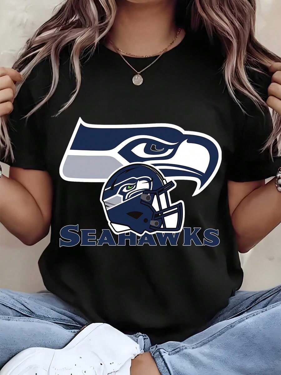 Unisex Seahawks Logo And Helmet Print T Shirt For Football Fans Game Day Celebration Family Couple Outfit Pure Cotton Co - 黑色 - 查看 1
