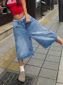 NVFelix Women's Loose Straight Leg Denim Shorts, Vintage Wash, Elegant & Fashionable, Y2K Streetwear Style, Blue, Perfect For Summer And Valentine's Day, New Arrival - Blue - View 3