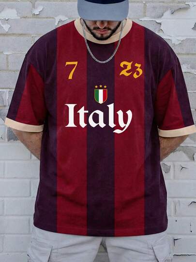 Camiseta de cuello redondo para hombre con elementos de estampado de bandera, jersey deportivo de color contrastante, manga corta, primavera/verano