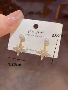 1 Pair 925 Sterling Silver Fully Paved 8-Pointed Star Pendant Pearl Earrings, Elegant Design Fashionable Daily Wear Jewelry, Suitable For Music Festival Party Gift - Gold - View 4