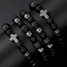 4 piezas Pulsera hecha a mano con cuentas de cristal negro mate con diseño de cruz retro punk a la moda, adecuada para cumpleaños, vacaciones, fiestas y uso diario - Negro - Ver 7
