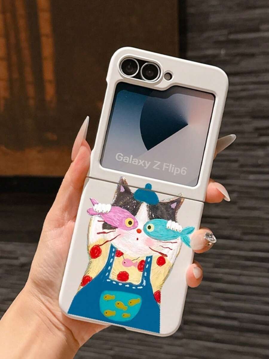 1pc Fashionable And Simple Skin Feel PC Material Cute Fish And Cat Element Folding Phone Case, Can Protect And Prevent Falling: SamsungGalaxy Zflip 3/Zflip 4/Zflip 5/Zflip 6/Zflip 7/ Razr 50 Ultra/ Razr 60 Ultra/ Razr 60/ Razr 50/Galaxy Z Flip7 FE - White - View 1