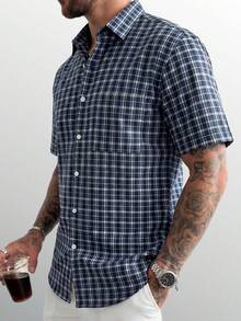 Men's Slim Fit Plaid Shirt, Navy Blue & White Fine Gingham Shirt, Minimalist Stylish Short Sleeve Top - Multicolor - View 3