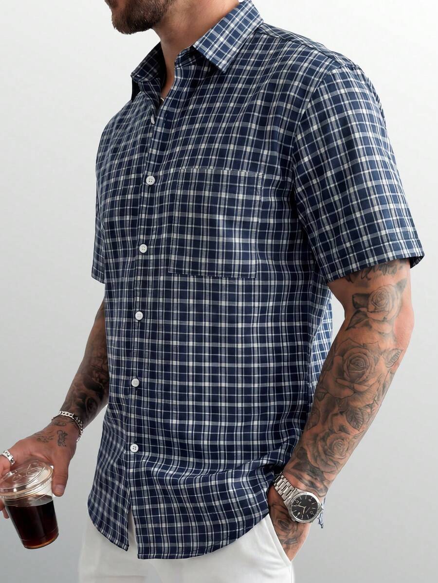 Men's Slim Fit Plaid Shirt, Navy Blue & White Fine Gingham Shirt, Minimalist Stylish Short Sleeve Top - Multicolor - View 1