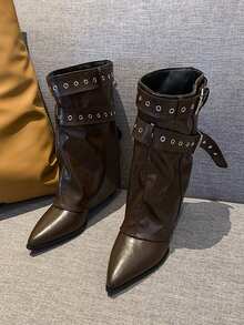 女士棕色中筒靴，2025秋冬新款，尖头真皮鞋面纯色一脚蹬皮带扣高筒靴，优雅通勤日常百搭时尚靴子，棕色靴子，大码女靴，女鞋 - 棕色 - 查看 6