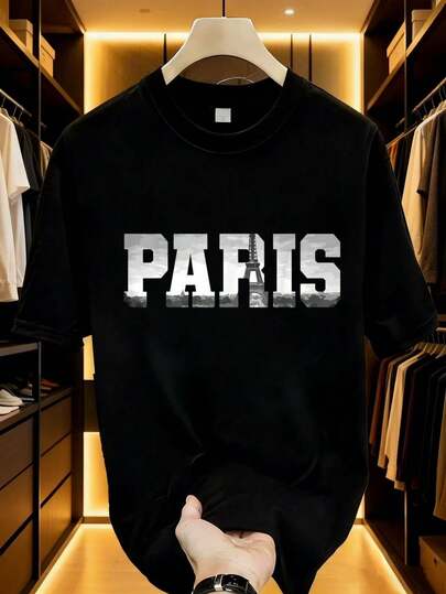 % Cotton Casual Tshirt Paris Skyline Tower France Souvenir Vintage Paris-Shirt Women's Men Graphic Te Men's-Shirt Men's Streetwear-Shirt INS Graffiti Print Oversizetops-Shirt