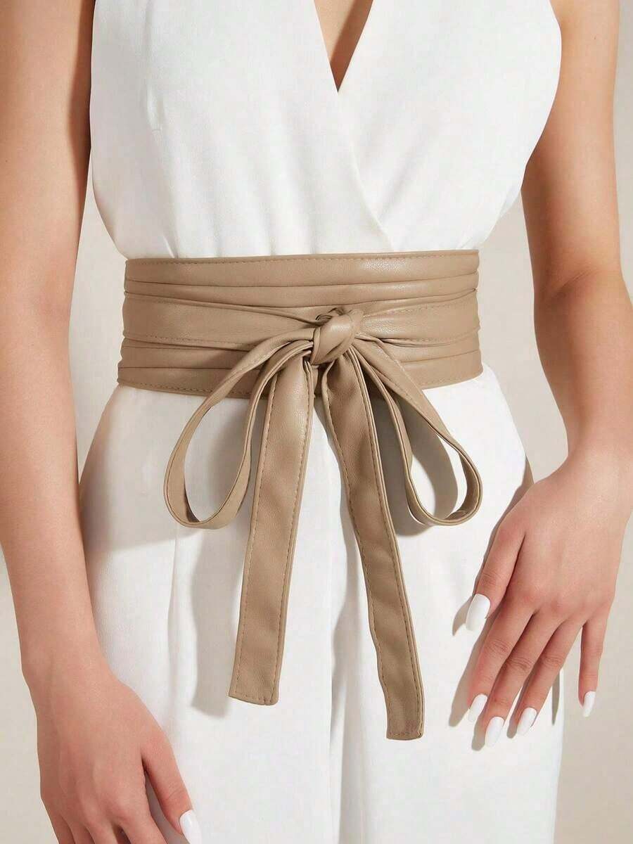 1pc Women Solid Color PU Twist Waist Belt, Boho Elegant Wide Belt, Suitable Dresses, Parties, Music Festivals - 棕色 - 查看 1
