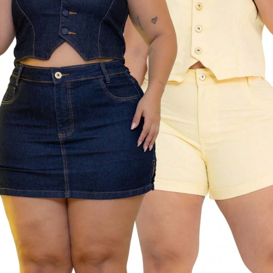 Plus Size Denim Shorts With Lycra, Short Style - R94 藍色萊卡套裝 + R98 黃色套裝 - 查看 1