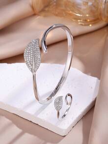 2pcs Shiny Elegant Leaf & Star Women Bracelet & Ring Set, Suitable For Banquet Party And Evening Gown Occasions - Leaf - View 3