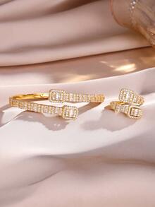 2pcs Sparkling Elegant Square Cubic Zirconia Bracelet And Ring Set, Suitable For Formal Events And Parties - Square - View 5