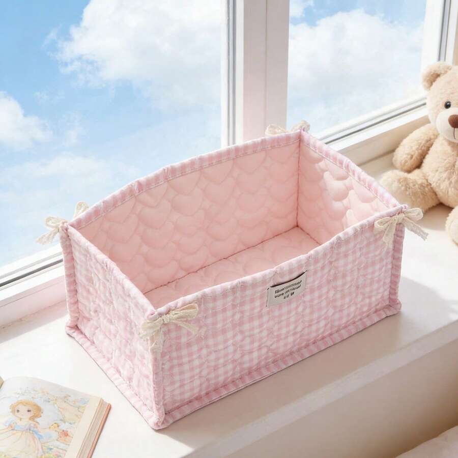Quilted Table Basket Cute Bow Desk Accessories Organizers Container For Office Home Stationery Snack Toys - 粉色 - 查看 1