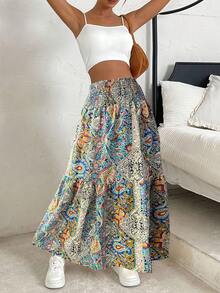 Bohemian Ruffled Hem Allover Print Half Slip Skirt, Elastic High Waist Vacation Style Skirt Suitable For Daily, Vacation, Party Wear - Multicolor - View 1