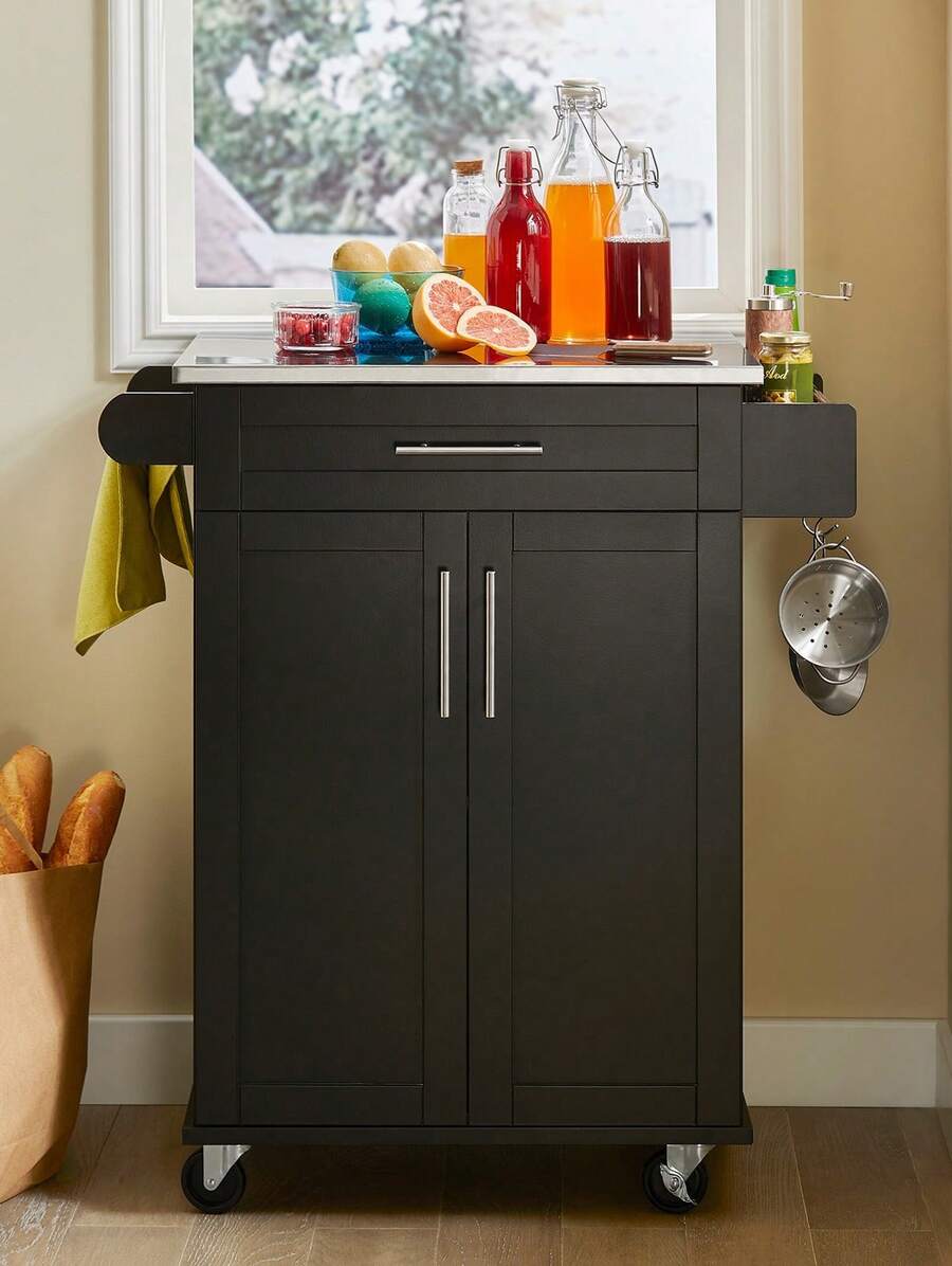 SoBuy Serving Trolley With Door And Drawer Metal Wood Black - Black - View 1