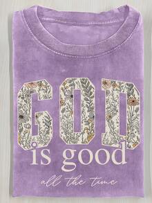 2026 Washed Cotton, GOD Floral Printed T-Shirt, High-Quality Batik Cotton Retro Fashion Brand T-Shirt, Women's T-Shirt, Women's Autumn T-Shirt, Hallow - 紫色 - 查看 12