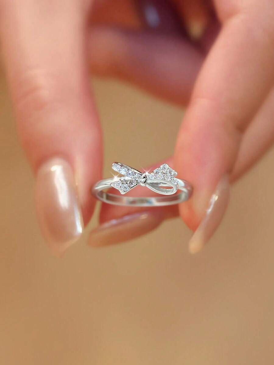 1pc Elegant Bow Knot Ring, Women's Jewelry, S925 Sterling Silver Zirconia Delicate Single Loop Ring, Exquisite Jewelry Suitable For Daily Wear - Gold - View 1