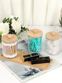 Set Penyimpanan Tisu Basah & Kapas Akrilik 3 Buah untuk Kamar Mandi, dengan Tutup Bambu - Kotak Penyimpanan Kapas & Bantalan Kapas Plastik Transparan dengan Baki Bambu - A - View 7