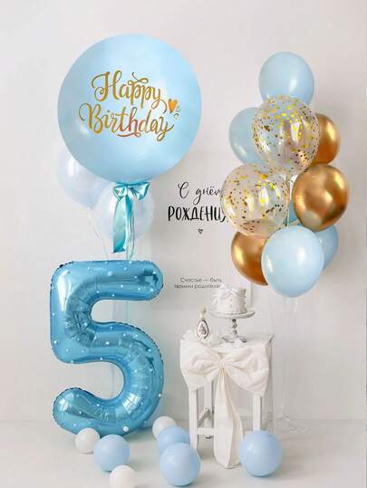 17pcs Blue Birthday Balloon Set, Includes 18-Inch Blue Latex Balloons, Happy Birthday Stickers, Multicolor Confetti Latex Balloons, Suitable For Happy Birthday English Letter Decoration, Party Scene Decor, Home Party Background Decor, Graduation, Birthday Party Decoration