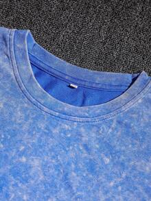American Retro Distressed Butterfly Print Short-Sleeve T-Shirt For Women, Oversized Loose Cotton Short-Sleeve, High Street Style, Ins Anti-Wrinkle Washed Cotton T-Shirt - 寶藍色 - 查看 5