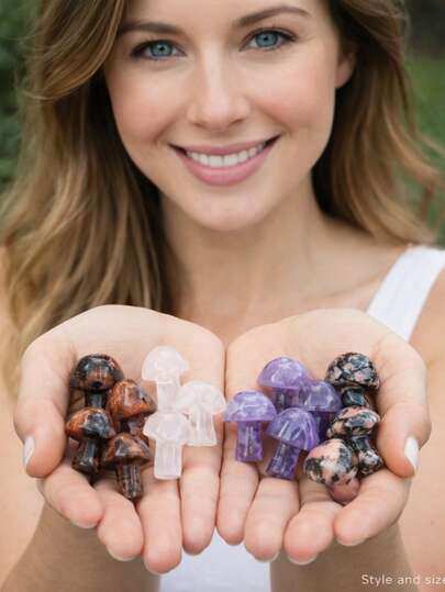 5/10/20件套天然宝石套装 - 红黑石英、白石英、紫水晶和玫瑰石英蘑菇石 - 男女手工珠宝 - 水晶手链、吊坠和时尚配饰