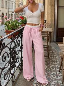 Summer Pink Woven Wide Leg Pants For Women, New Loose Waisted Slimming Straight Casual Long Trousers - Baby Pink - View 5