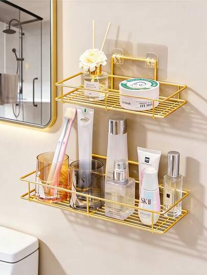 浴室收纳架，整理架。免打孔粘贴式浴室化妆品收纳架、毛巾架、洗漱用品架，即贴即用，方便快捷，无痕，适用于家庭浴室、卫生间、角落收纳。