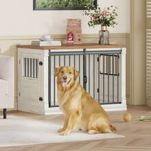 HaluPeit 101cm Dog Cage Furniture, Wooden Dog Box, Home Dog Crate With 3 Doors, Sliding Doors, For Small, Medium, And Large Dogs, Sturdy, Side Table, 101 * 60.5 * 70 Cm, White/Brown - White - View 3
