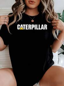 Bold Caterpillar Logo With Yellow Triangle Symbolizing Strength And Progress Women's Casual 100% Cotton Oversized Graphic Tee - 黑色 - 查看 1