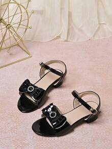 1 par de nuevos sandalias de tacón alto con cristales brillantes y lazos de PU para niñas, adecuadas para princesa, a juego con vestidos de verano, escenario, boda, festivales y uso diario - Negro - Ver 6