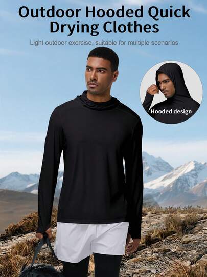 男士套头连帽衫，纯色弹力休闲运动服，适合户外徒步、钓鱼、骑行、跑步、健身、日常穿着，春夏款