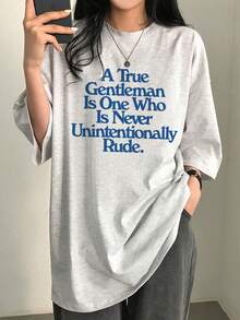 Women's Loose Fit Round Neck Short Sleeve Letter & Cartoon Print T-Shirt, Spring/Summer - Light Gray - View 2