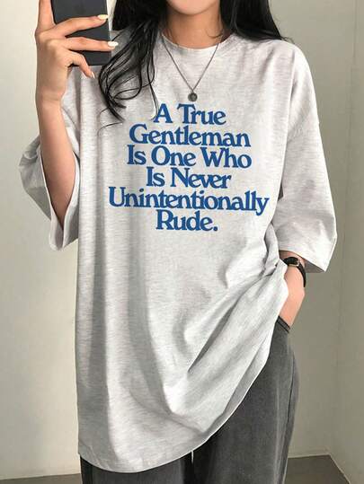 Women's Loose Fit Round Neck Short Sleeve Letter & Cartoon Print T-Shirt, Spring/Summer